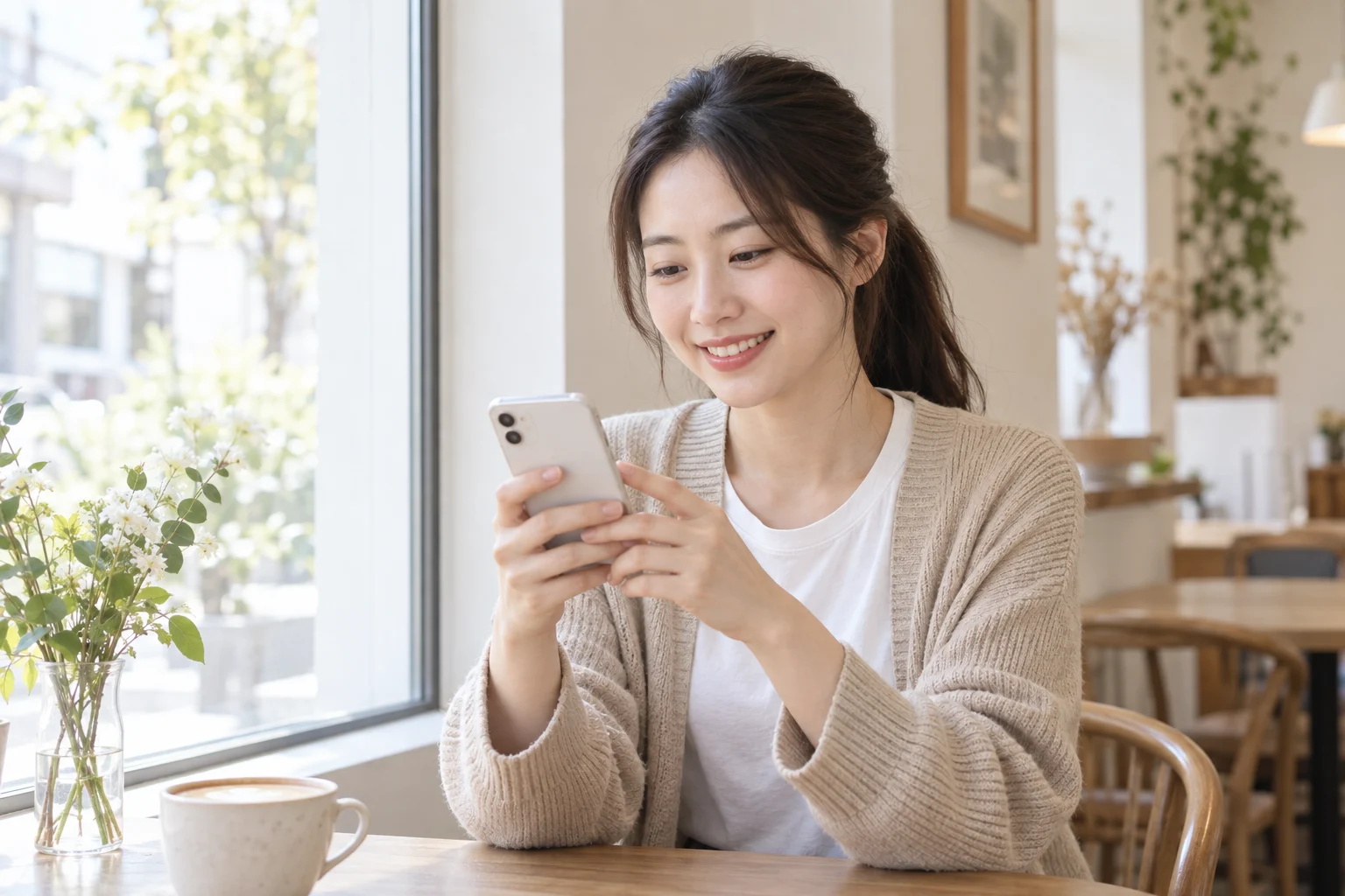 카페 창가 테이블에서 스마트폰을 보며 웃는 20대 여성