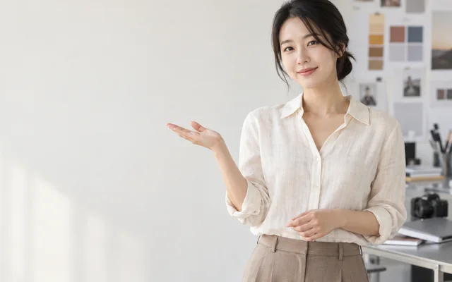 밝은 사무실에서 손을 내밀어 상담을 안내하는 20대 여성