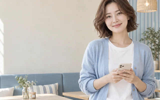 스마트폰을 들고 편안하게 웃는 30대 여성